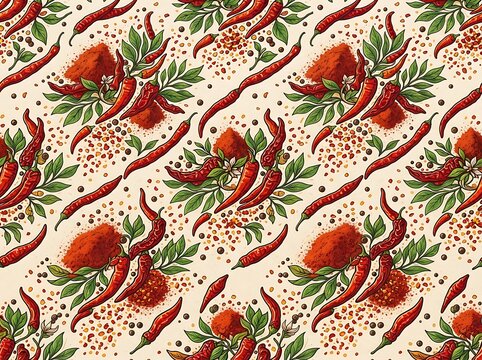 Seamless chili pepper pattern with ground paprika and scattered peppercorns for vibrant textile prints and spicy food packaging.