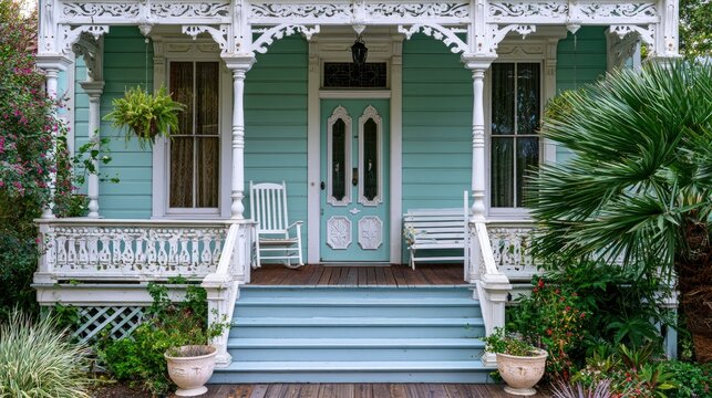 Charming Victorian Style House Exterior with Wrap-Around Porch and Garden