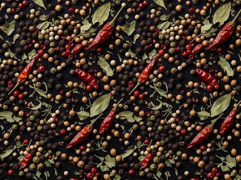 Scattered dried chili peppers with bay leaves and mixed peppercorns creating seamless culinary spice pattern on black surface.