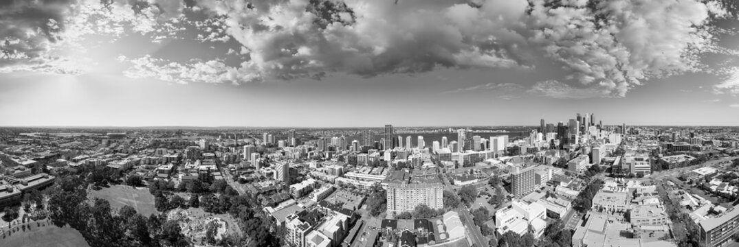 Monochrome aerial view of Perth urban landscape during beautiful spring day
