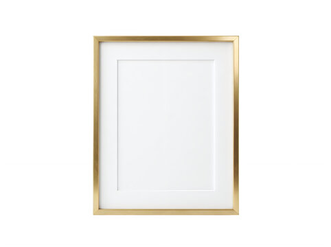 Elegant empty rectangular vertical photo frame with a thin metallic gold border for wall art display
