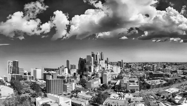 Vintage aerial perspective of Perth skyline and cityscape in spring