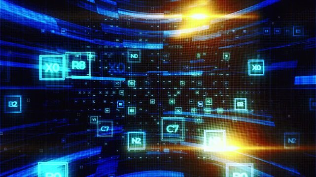 Futuristic digital data stream with floating code blocks and glowing light effects.
