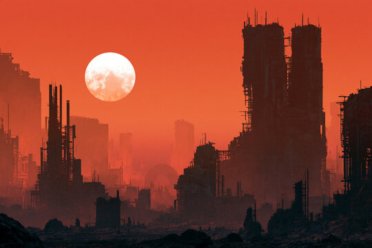 Dystopian Cityscape Under a Red Sky and Glowing Moon