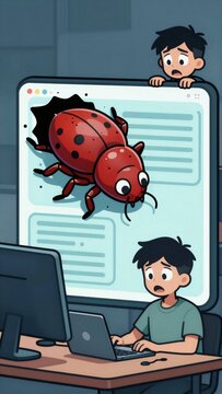 two young boys sitting desk front computer monitor boy sitting desk laptop his lap appears upset frustrated wearing green shirt has worried expression his face right side large screen cartoon