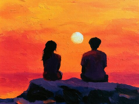 Silhouetted Couple Watching Sunset on Rocky Coast at Dusk