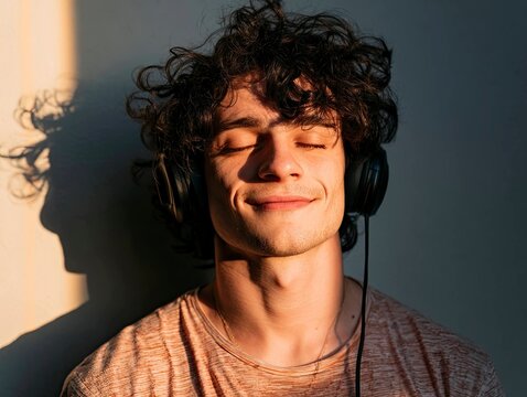 Person Listening to Music with Headphones and Relaxing with Closed Eyes