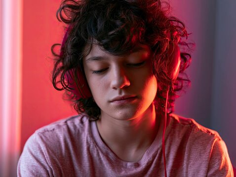 Young Man with Curly Hair Listening to Music with Red and Pink Lighting