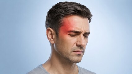 Fototapeta premium Migraine shown in premium minimal medical CGI with unilateral fronto temporal pain and restrained tissue emphasis on clean pale blue neurological background.