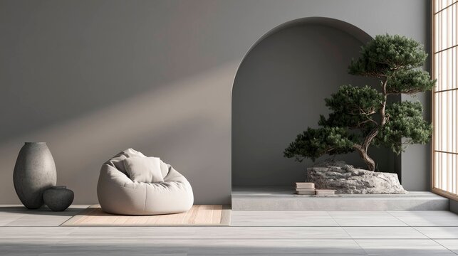 Serene interior space featuring a minimalistic plant display with natural light