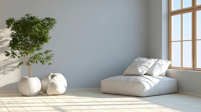 Minimalist Interior Scene with a Large Window, Soft Light, and Cozy Seating Area