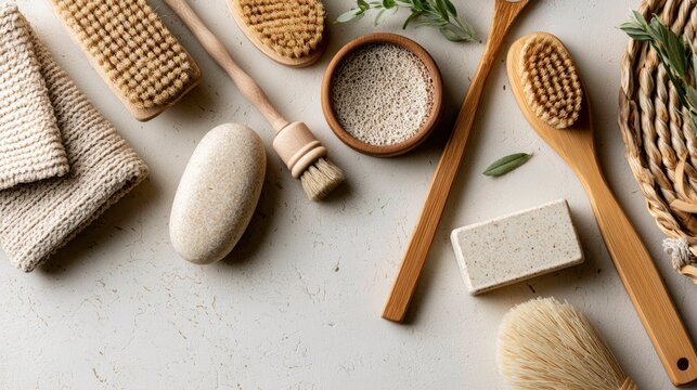 Natural Body Care Spa Items Collection with Towels Brushes and Stone
