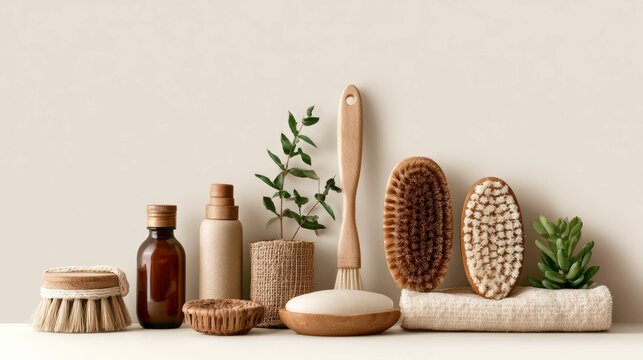 Natural Skincare Tools with Brushes Bottles and Plants on White Background