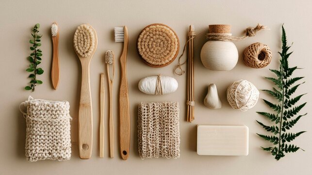 Eco-Friendly Natural Hygiene and Beauty Products with Wooden and Plant Elements