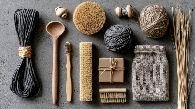 Eco-friendly handmade bath and skincare products with natural fibers and wooden accessories