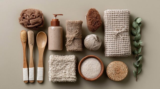 Natural Toiletry and Skincare Products with Towels and Brushes for Bathroom Use