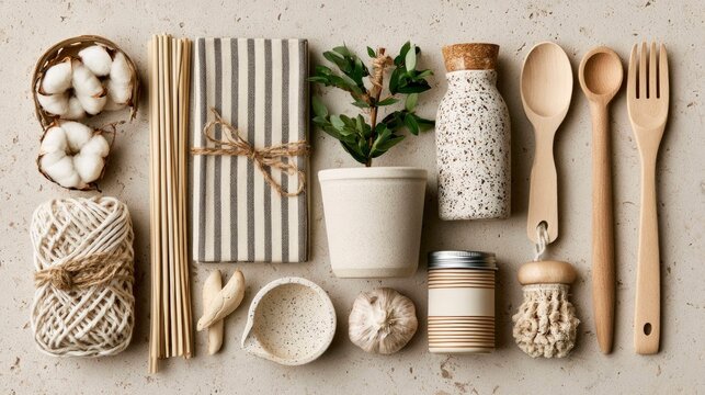 Eco-Friendly Kitchen Utensils and Natural Decor Arrangement on Neutral Surface