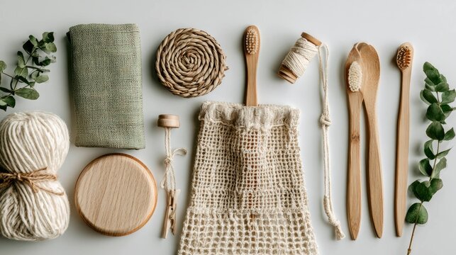 Eco-Friendly Bathroom Accessories and Natural Skincare Tools on White Surface