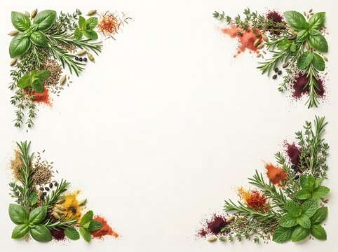Aromatic culinary herb frame with fresh basil mint rosemary and vibrant powdered spices on white background for menu copy space.