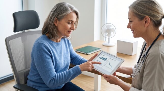 Follow up consultation focuses on changing symptom patterns as mature patient reviews progress with doctor and considers next stage of personalized menopause care today now.