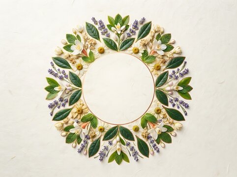 Serene wreath crafted from fresh lavender, mint leaves, jasmine, and daisy flowers on a textured white background design.