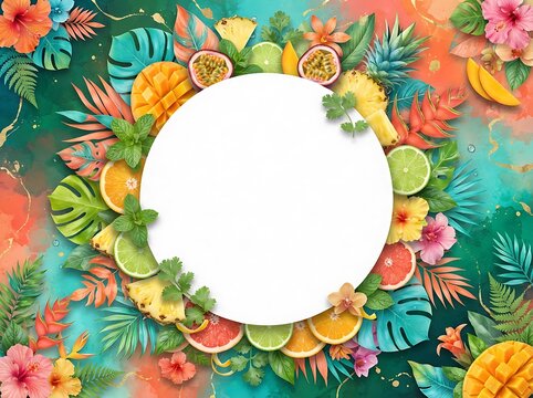 Tropical summer frame with exotic fruits, vibrant flowers, and lush palm leaves encircling a central white copy space on a colorful background.
