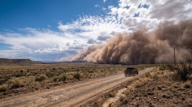 Dust storm approaches a dirt road while a vehicle drives away from the site in a rural location under a blue sky