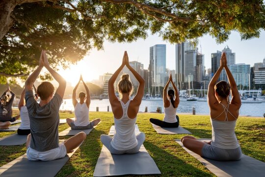 Outdoor yoga session at sunset with city skyline view by the water