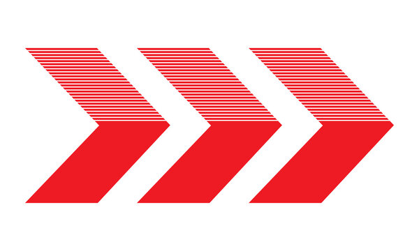 Red chevron arrows with thin horizontal stripes pointing right on a white background, symbolizing speed, progress, direction, or sequential steps in a process.