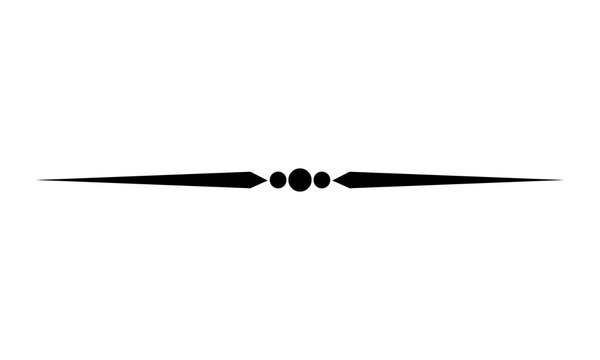 black horizontal line ornament with pointed ends and three small circles in middle representing symmetry ornate decoration or textual separator elegant decorative flourish isolated.