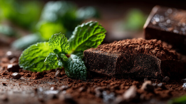 Dark chocolate chunks sprinkled with cocoa powder and fresh green mint leaves, chocolate