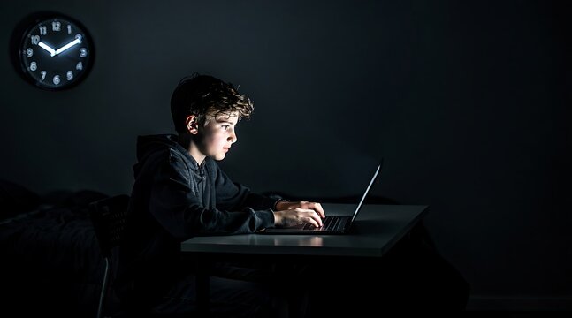 Young teenage boy using laptop computer in a dark room late at night.