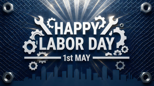 Happy labor day 1st may design with industrial tools and gears on a dark blue background