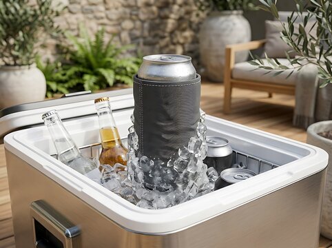 Cold beer cans and glass bottles in a metal cooler box filled with fresh ice on a sunny patio deck. koozie mockup