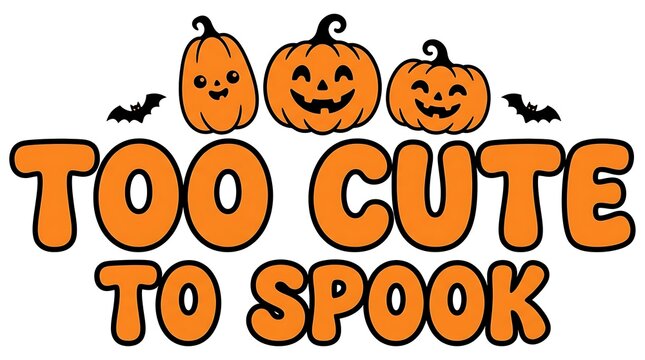 Cartoon halloween design featuring three cute jackolantern pumpkins with smiling faces and small flying bats accompanied by bold text too cute to spook