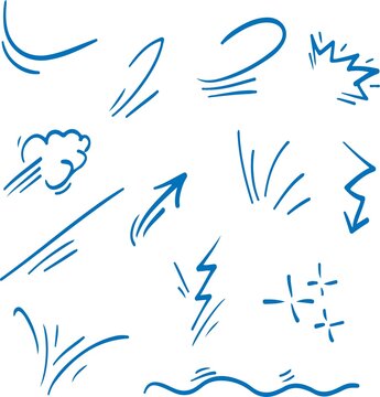 Collection of hand-drawn blue motion lines and abstract shapes representing speed wind and energy for graphic design elements