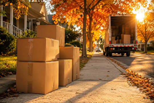 Cardboard boxes stacked on sidewalk next to moving truck parked on sunny suburban street. Brown parcel containers wait for loading during house relocation process. Residential neighborhood road