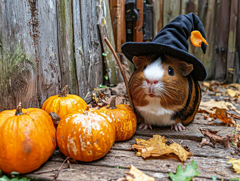 Adorable guinea pig in witch hat poses with autumn pumpkins and fall leaves on rustic wooden ground, ready for Halloween