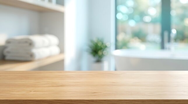 Empty wooden table top blurred bathroom background for product display in luxury spa wellness center and home setting