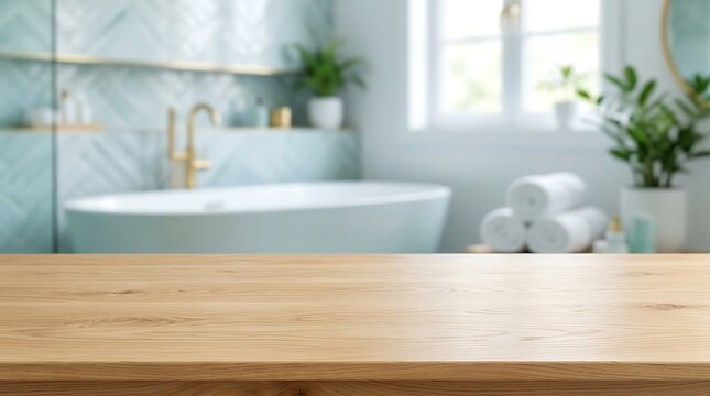 Empty wooden table background for product display in blurred modern luxury bathroom with bathtub and green plants.