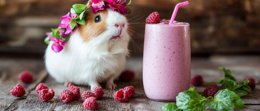 Adorable guinea pig wearing a flower crown sits beside a pink raspberry smoothie with a straw, surrounded by fresh berries on rustic wood