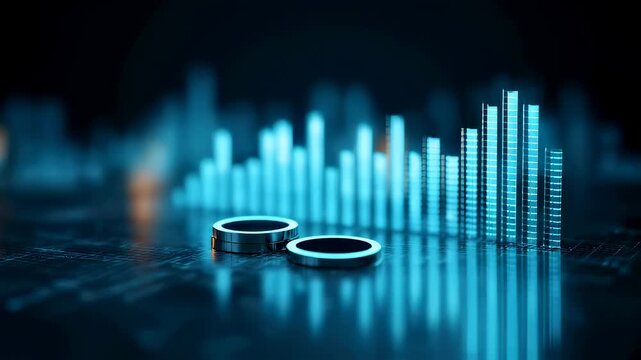 3D infographics for business presentation with neon glowing charts, bars and pie diagrams.