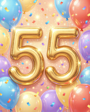 Gold balloons shaped like 55 surrounded by colorful balloons and confetti on a peach background celebrating a 55th birthday.