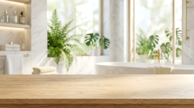 Empty wooden table counter for product display in a bright modern bathroom with green plants and blurred background.