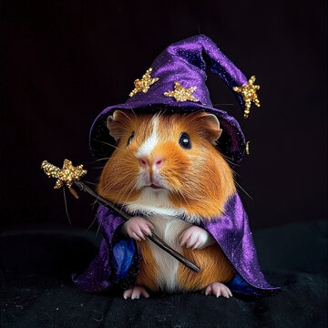 Adorable guinea pig wizard in a sparkly purple hat and cape with gold stars, holding a star-tipped magic wand on a dark background