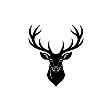 Black silhouette of a deer head with large branching antlers facing forward on a white background stag