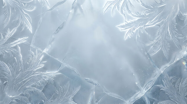 Intricate frost patterns on a cold frozen window surface in winter