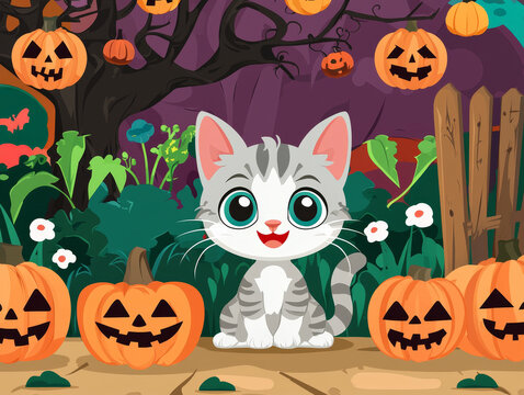Cartoon cat surrounded by smiling jack-o'-lanterns and spooky trees under a purple Halloween night sky