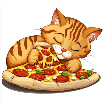 Cartoon tabby cat peacefully sleeps, cuddling a large pepperoni pizza slice adorned with melted cheese and basil leaves