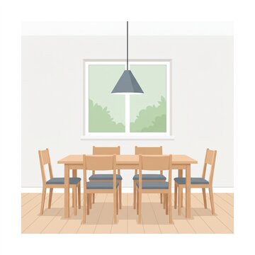 Minimalist interior of a dining room with wooden furniture and a lamp under a large window
